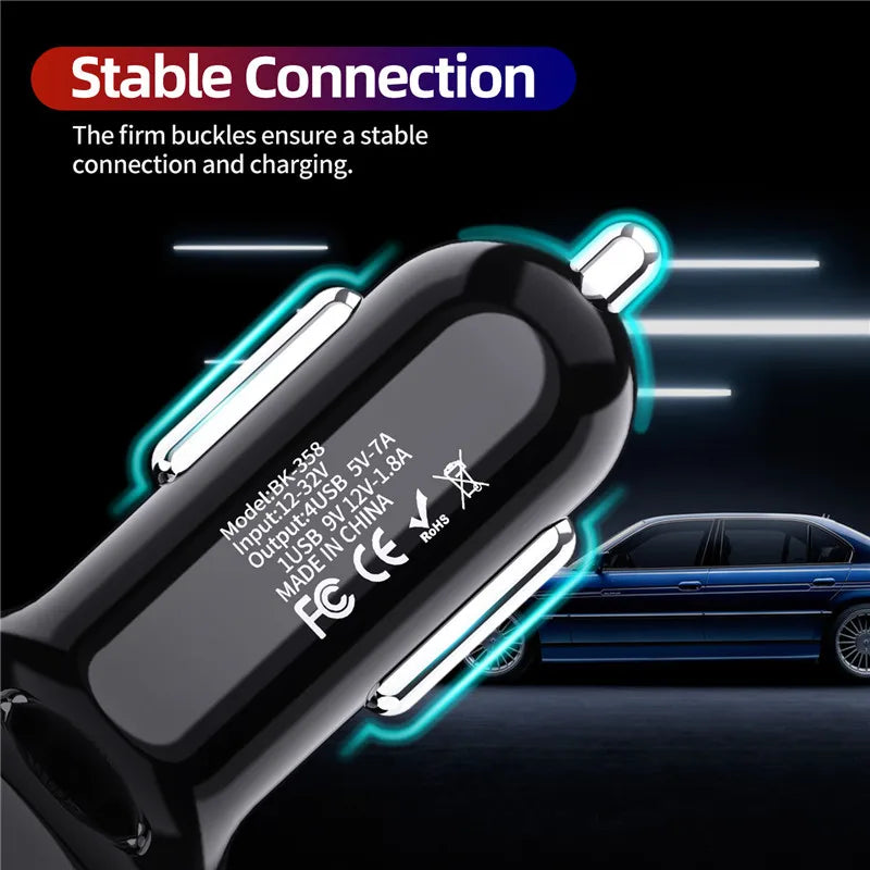 USLION 4 Ports USB Car Charge 48W Quick 7A Mini Fast Charging For iPhone 15 14 Xiaomi Huawei Mobile Phone Charger Adapter in Car