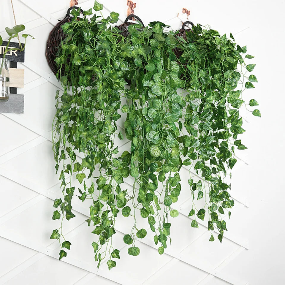 Artificial Plant Vines Wall Hanging Rattan Leaves Branches Outdoor Garden Home Decoration Plastic Fake Silk Leaf Green Plant Ivy