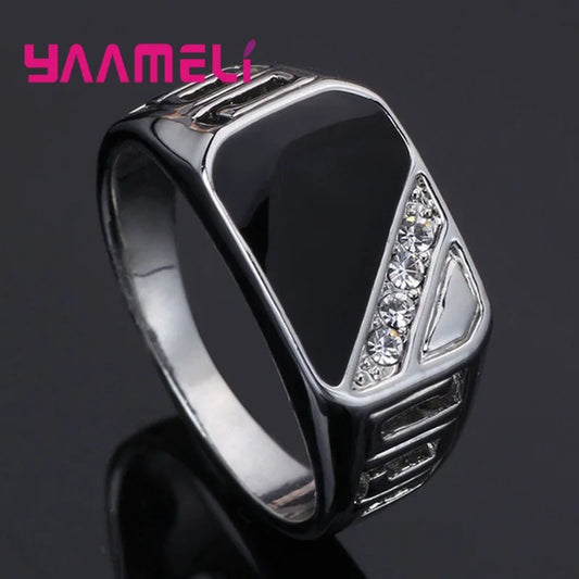 Classic Male Mens Wide Band Ring Unique 925 Sterling Silver Plated White Black Rhinestone Square Statement Hip Hop Jewelry