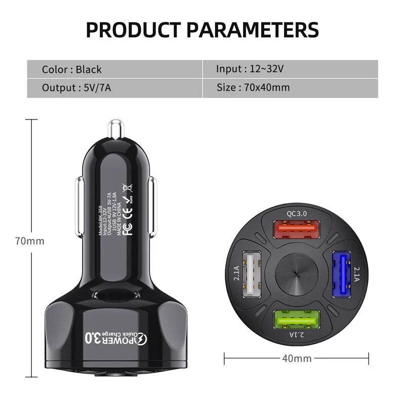 USLION 4 Ports USB Car Charge 48W Quick 7A Mini Fast Charging For iPhone 15 14 Xiaomi Huawei Mobile Phone Charger Adapter in Car