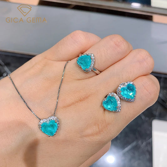 Bulbusbow GICA GEMA Heart Shaped Blue Tourmaline Jewelry Set | 925 Sterling Silver | GIA Certified Fine Jewelry for Women