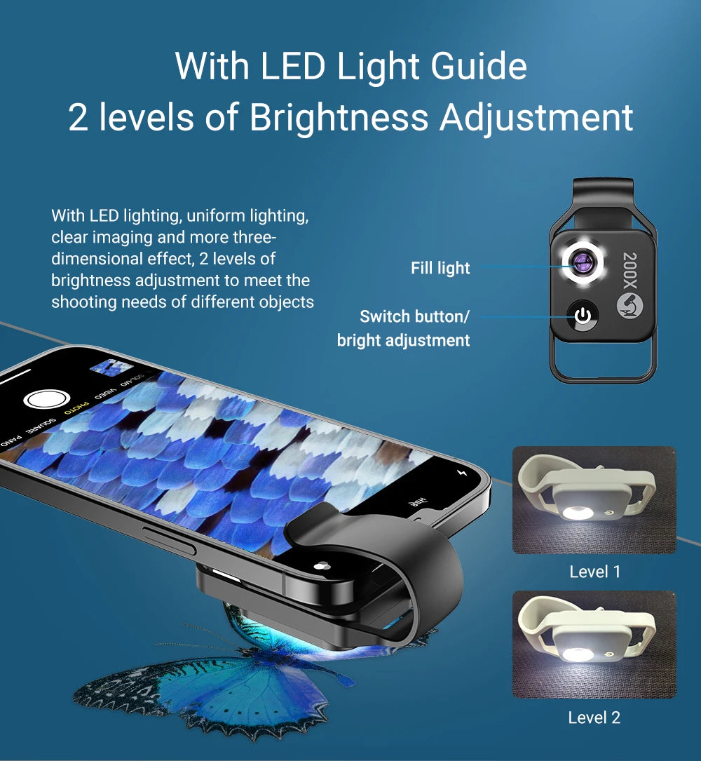 عدسة مجهر تكبير 200X من APEXEL مع ضوء LED للجوال CPL عدسات ماكرو صغيرة للجيب لهواتف iPhone وSamsung وجميع الهواتف الذكية