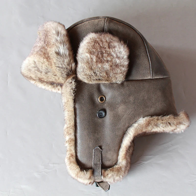 Bomber Hats Winter Men Warm Russian Ushanka Hat with Ear Flap Pu Leather  Fur Trapper Cap  Earflap for Women