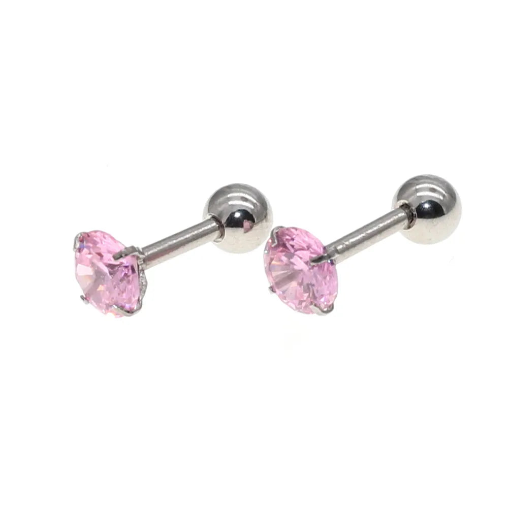 The Screw-back Stud Earrings Pink Zircon The Needl is 1.2*6mm 316L Stainless Steel No Allergy Never Fade