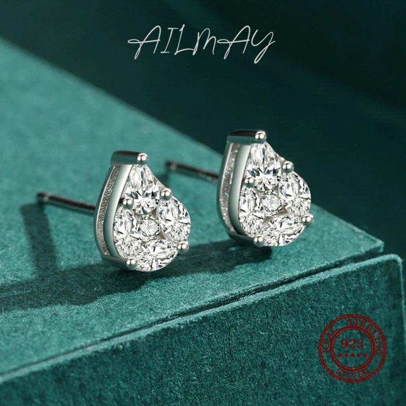 Ailmay New Sale Clear Zircon Water Drop Shape Top Quality Real 925 Sterling Silver Stud Earrings For Fine Female Fashion Jewelry