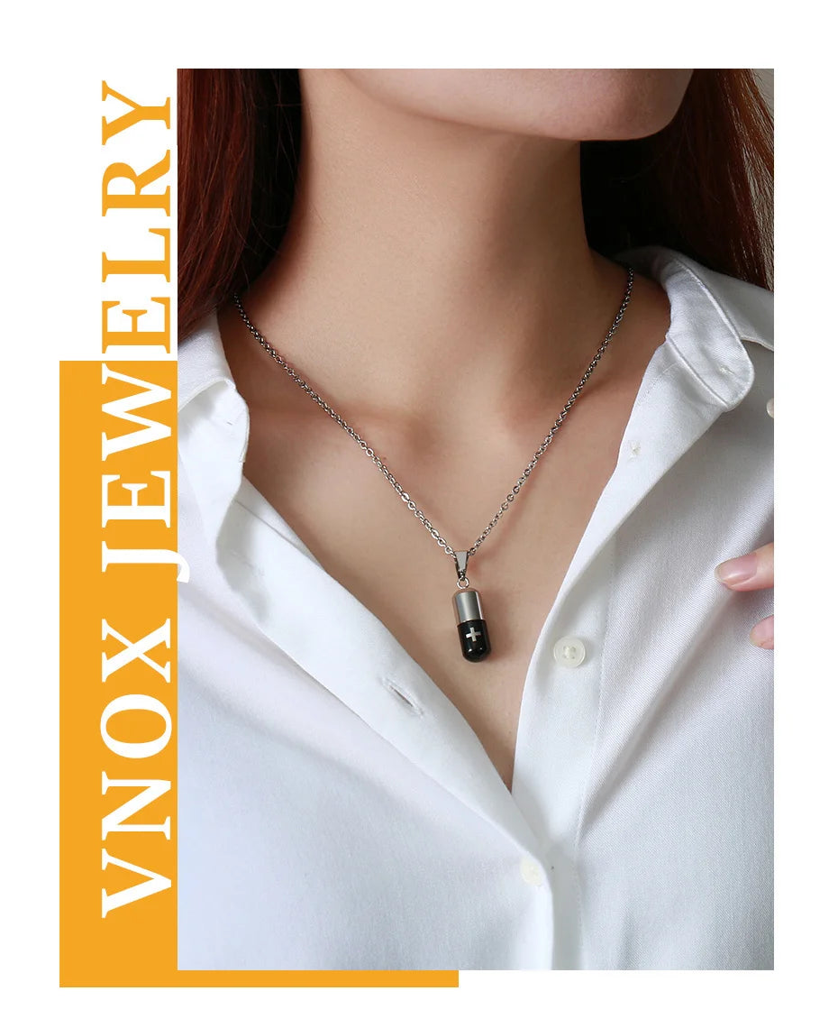 Vnox Hollow Pill Necklace by Bulbusbow – Engraved Cremation Urn Pendant for Men & Women | Memorial Ashes Keepsake, Perfume Holder, Stainless Steel