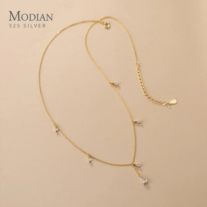 MODIAN 925 Sterling Silver Twinkling CZ Water Drop Necklace Chain for Women Gold Color Link Wedding Statement Fine Jewelry Gifts