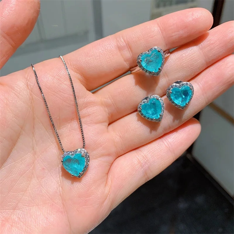 GICA GEMA Heart Shaped Pendant Earrings Ring Jewelry Set Blue Tourmaline Gem Fashion Fine Jewelry Gift For Party Best Friend