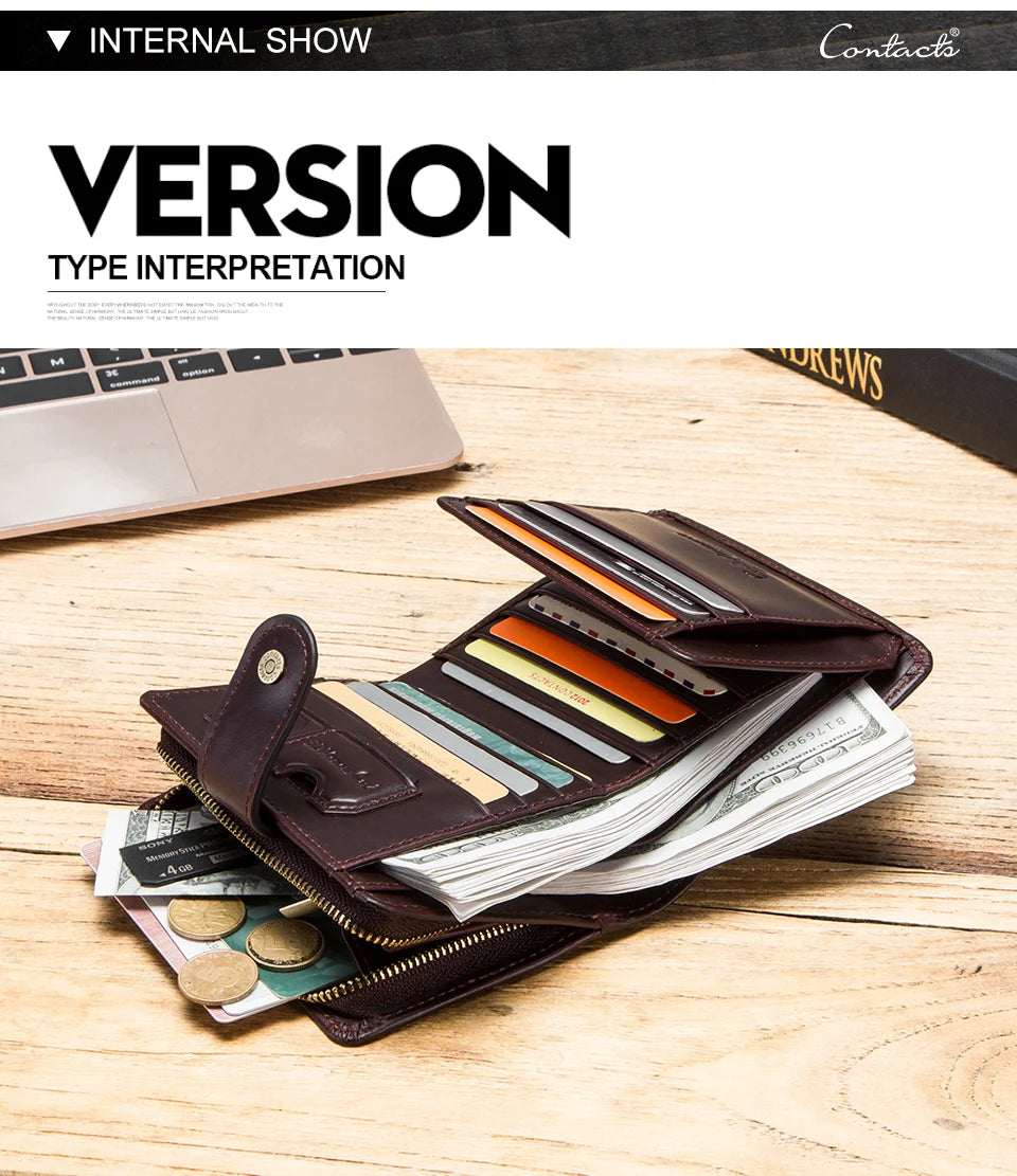 CONTACT'S Genuine Leather RFID Vintage Wallet Men With Coin Pocket Short Wallets Small Zipper Walet With Card Holders Man Purse