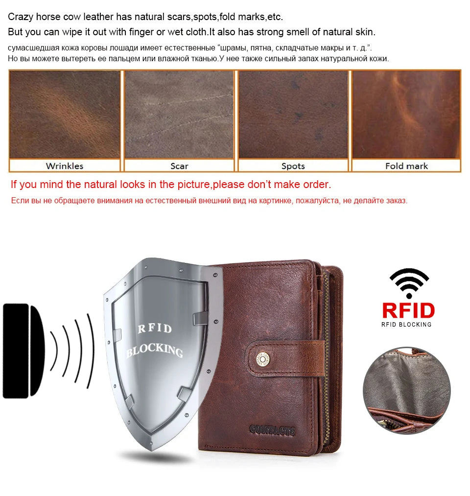 CONTACT'S Genuine Leather RFID Vintage Wallet Men With Coin Pocket Short Wallets Small Zipper Walet With Card Holders Man Purse