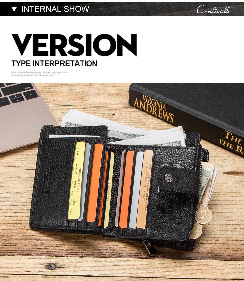 CONTACT'S Genuine Leather RFID Vintage Wallet Men With Coin Pocket Short Wallets Small Zipper Walet With Card Holders Man Purse