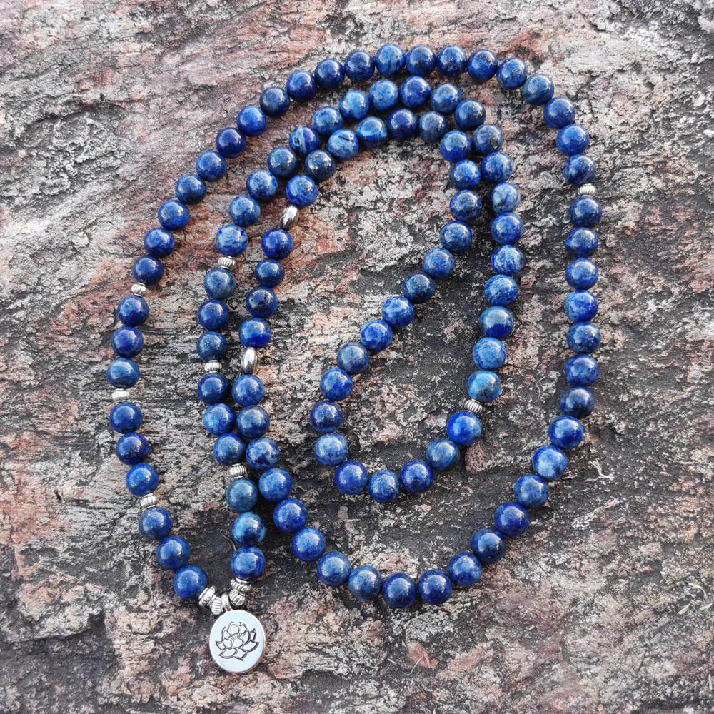 8mm Natural Lapis Lazuli Bracelet With Lotus OM Buddha Charm Yoga Bracelet 108 Mala Necklace