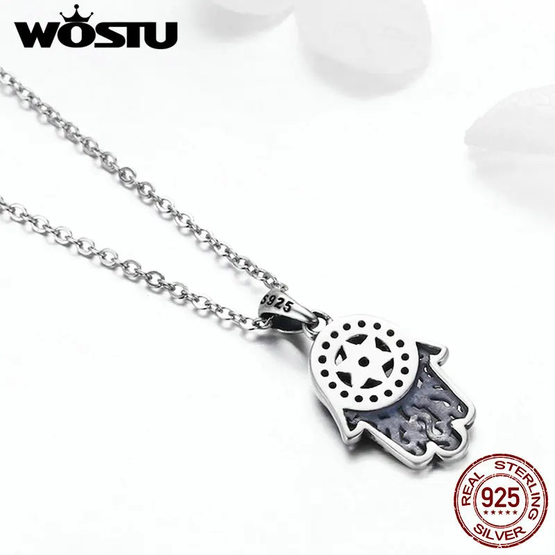 WOSTU Real 925 Sterling Silver Hand Of Fatima Hamsa Pendant Choker Necklace For Women Fashion bijoux Jewelry Gift FIN264