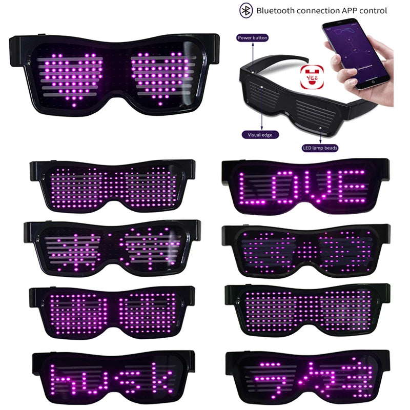 App Control Bluetooth Led Party Glasses Customized Languages USB Charge Flashing  Luminous Eyewear Christmas Concert Sunglasses