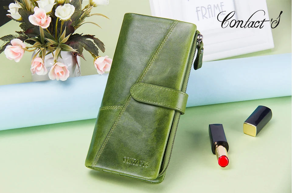 Contact's New Genuine Leather Wallet Fashion Coin Purse For Ladies Women Long Clutch Wallets With Cell Phone Bags Card Holder