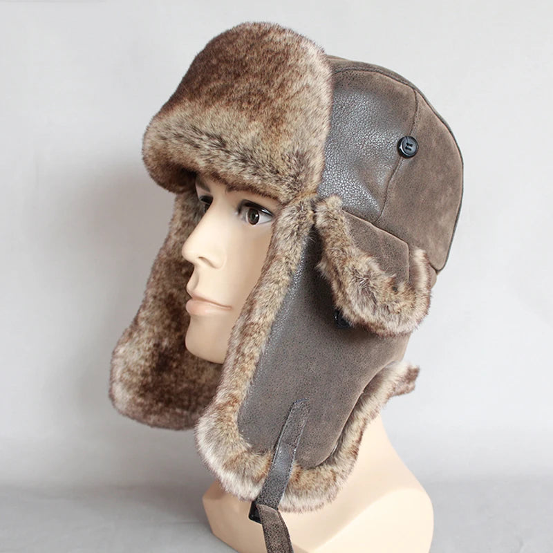 Bomber Hats Winter Men Warm Russian Ushanka Hat with Ear Flap Pu Leather  Fur Trapper Cap  Earflap for Women