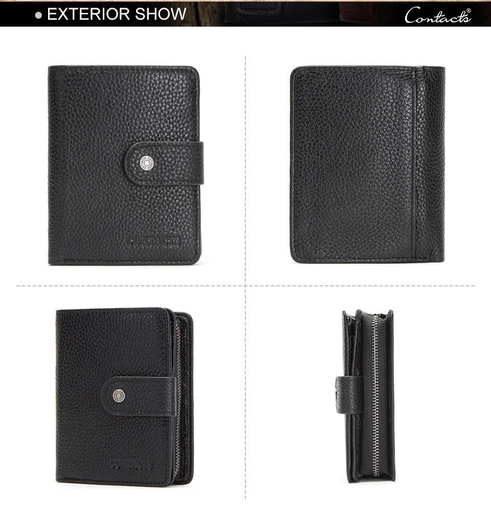 CONTACT'S Genuine Leather RFID Vintage Wallet Men With Coin Pocket Short Wallets Small Zipper Walet With Card Holders Man Purse