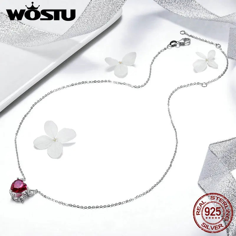 WOSTU Authentic 925 Sterling Silver Angel&Demon Red CZ Pendant Necklaces For Girl Women Luxury Fashion Jewelry Party Gift CQN285