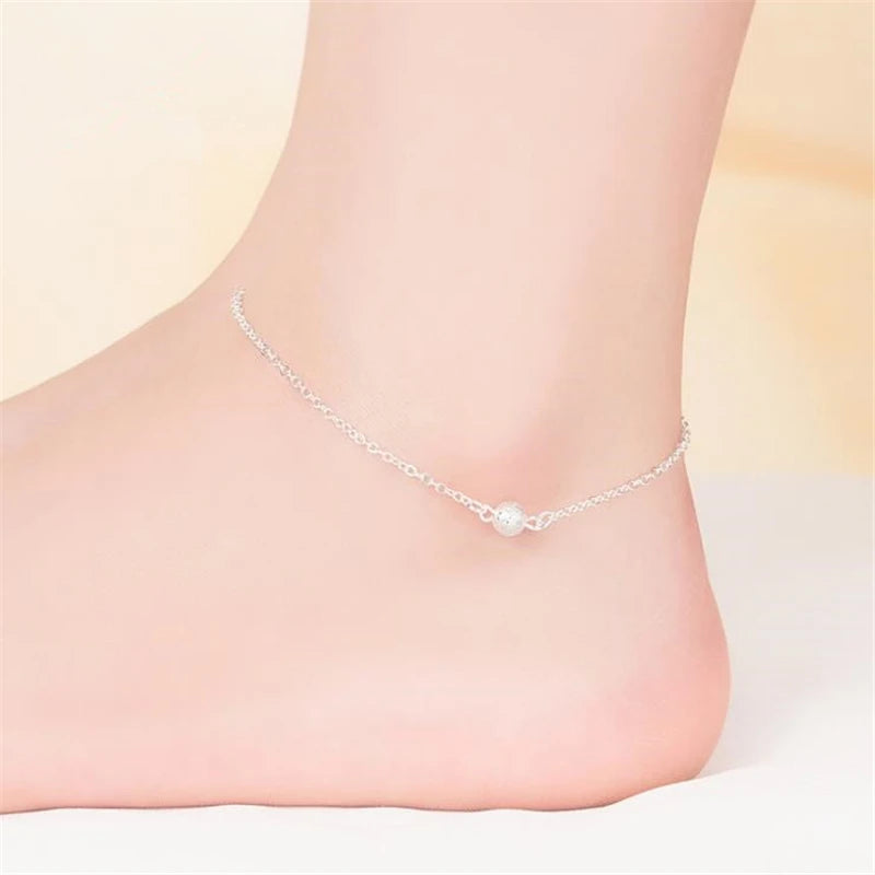 KOFSAC New Fashion Frosted Beads 925 Sterling Silver Anklets For Women Ankle Chain Bracelet Foot Jewelry Girl Party Best Gifts