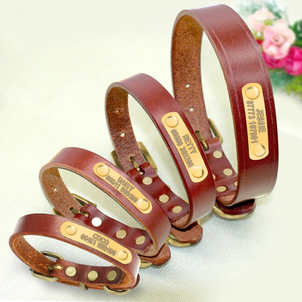 Personalized Dog ID Collar Genuine Leather Small Medium Dogs Cat Collar Custom Pet Name And Phone Number Free Engraving