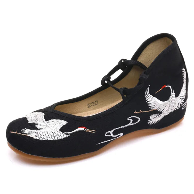 Veowalk Crane Embroidered Women Canvas Lace Strap Ballet Flats Ladies Comfortable Casual Cotton Fabric Shoes