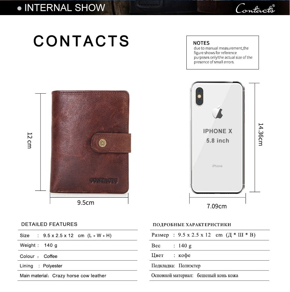 CONTACT'S Genuine Leather RFID Vintage Wallet Men With Coin Pocket Short Wallets Small Zipper Walet With Card Holders Man Purse