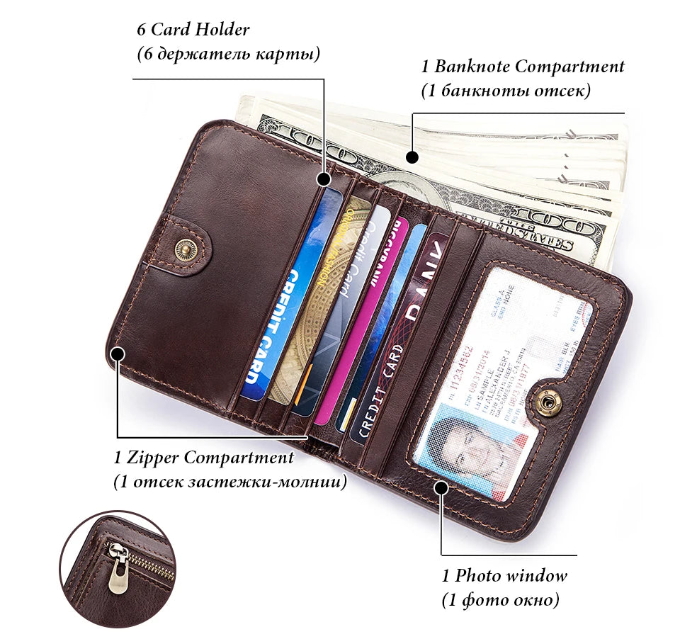 100% Genuine Leather Women's Wallet Small Mini Hasp Purse New Fashion Short RFID Blocking Card Holder With Zipper Coin Pocket