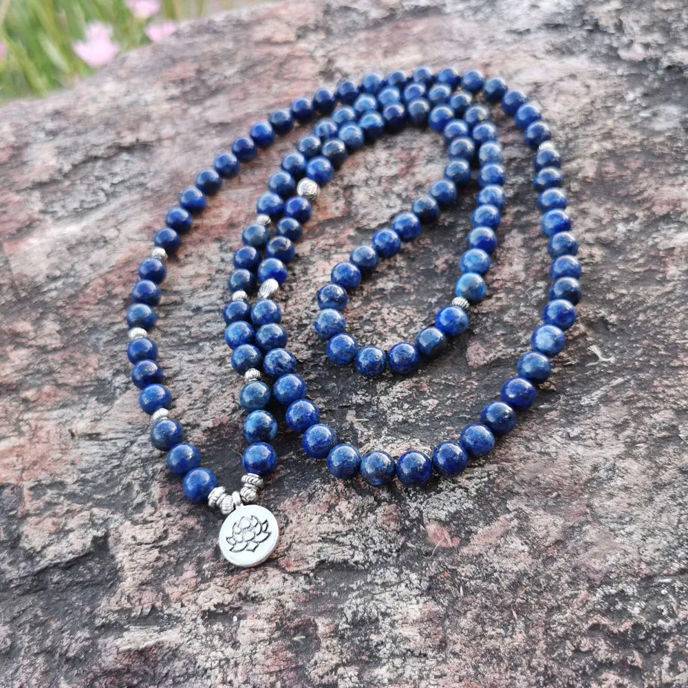 8mm Natural Lapis Lazuli Bracelet With Lotus OM Buddha Charm Yoga Bracelet 108 Mala Necklace