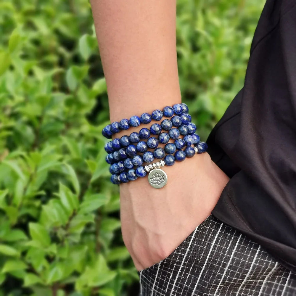 8mm Natural Lapis Lazuli Bracelet With Lotus OM Buddha Charm Yoga Bracelet 108 Mala Necklace