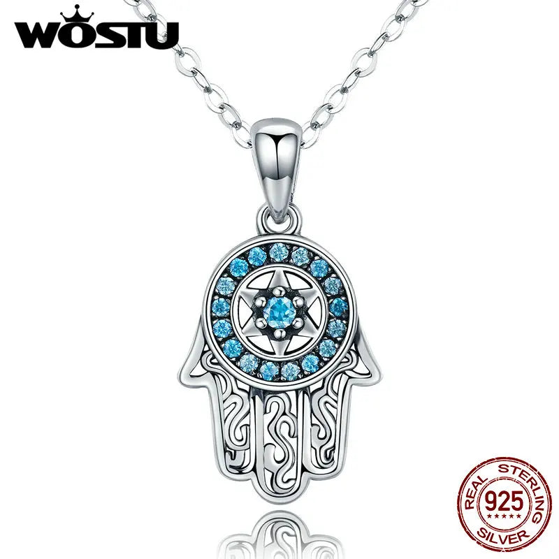 WOSTU Real 925 Sterling Silver Hand Of Fatima Hamsa Pendant Choker Necklace For Women Fashion bijoux Jewelry Gift FIN264