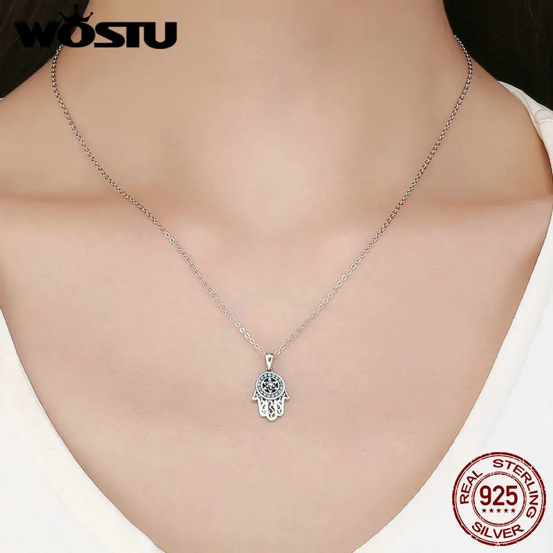 WOSTU Real 925 Sterling Silver Hand Of Fatima Hamsa Pendant Choker Necklace For Women Fashion bijoux Jewelry Gift FIN264