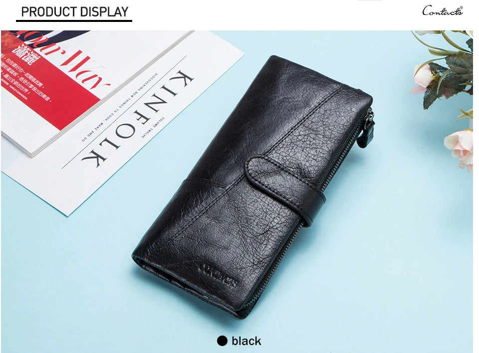 Contact's New Genuine Leather Wallet Fashion Coin Purse For Ladies Women Long Clutch Wallets With Cell Phone Bags Card Holder