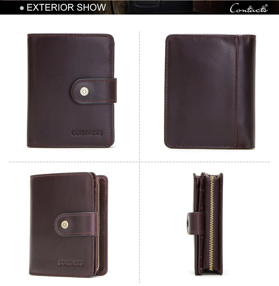 CONTACT'S Genuine Leather RFID Vintage Wallet Men With Coin Pocket Short Wallets Small Zipper Walet With Card Holders Man Purse