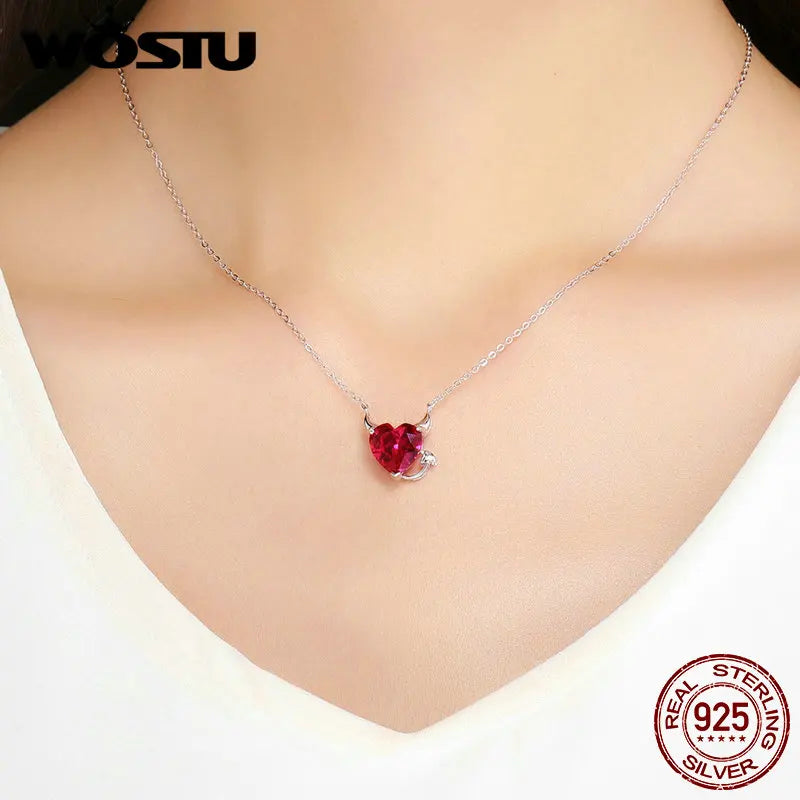 WOSTU Authentic 925 Sterling Silver Angel&Demon Red CZ Pendant Necklaces For Girl Women Luxury Fashion Jewelry Party Gift CQN285