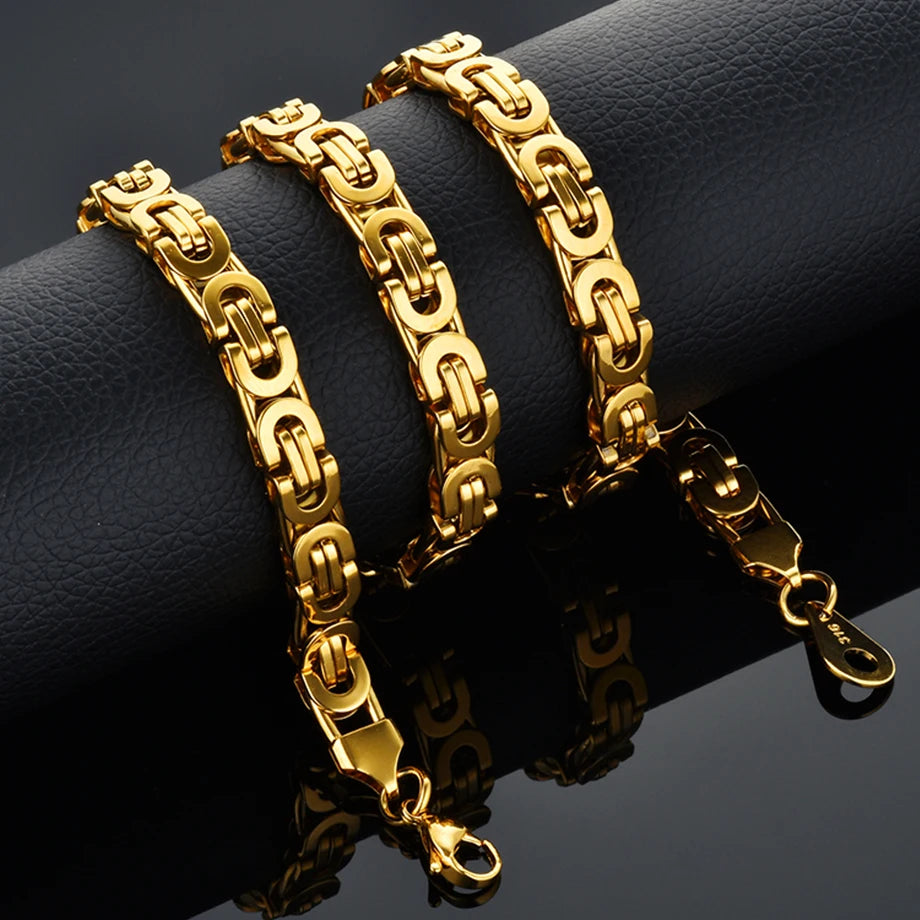 Dropshipping Chunky Men Fashion Gold Color Necklace 6MM Stainless Steel Byzantine Chains Street Hip Hop Jewelry