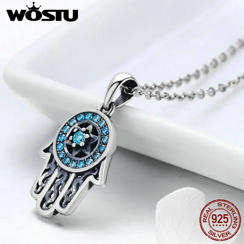 WOSTU Real 925 Sterling Silver Hand Of Fatima Hamsa Pendant Choker Necklace For Women Fashion bijoux Jewelry Gift FIN264