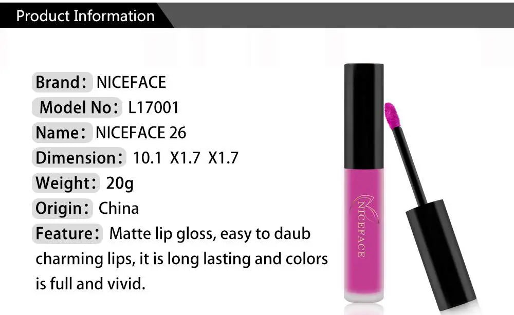 NICEFACE Lip Gloss 26 Colors Nude Matte Liquid Lipstick Mate Waterproof Long Lasting Moisturizing Lipgloss Lip Makeup Cosmetics