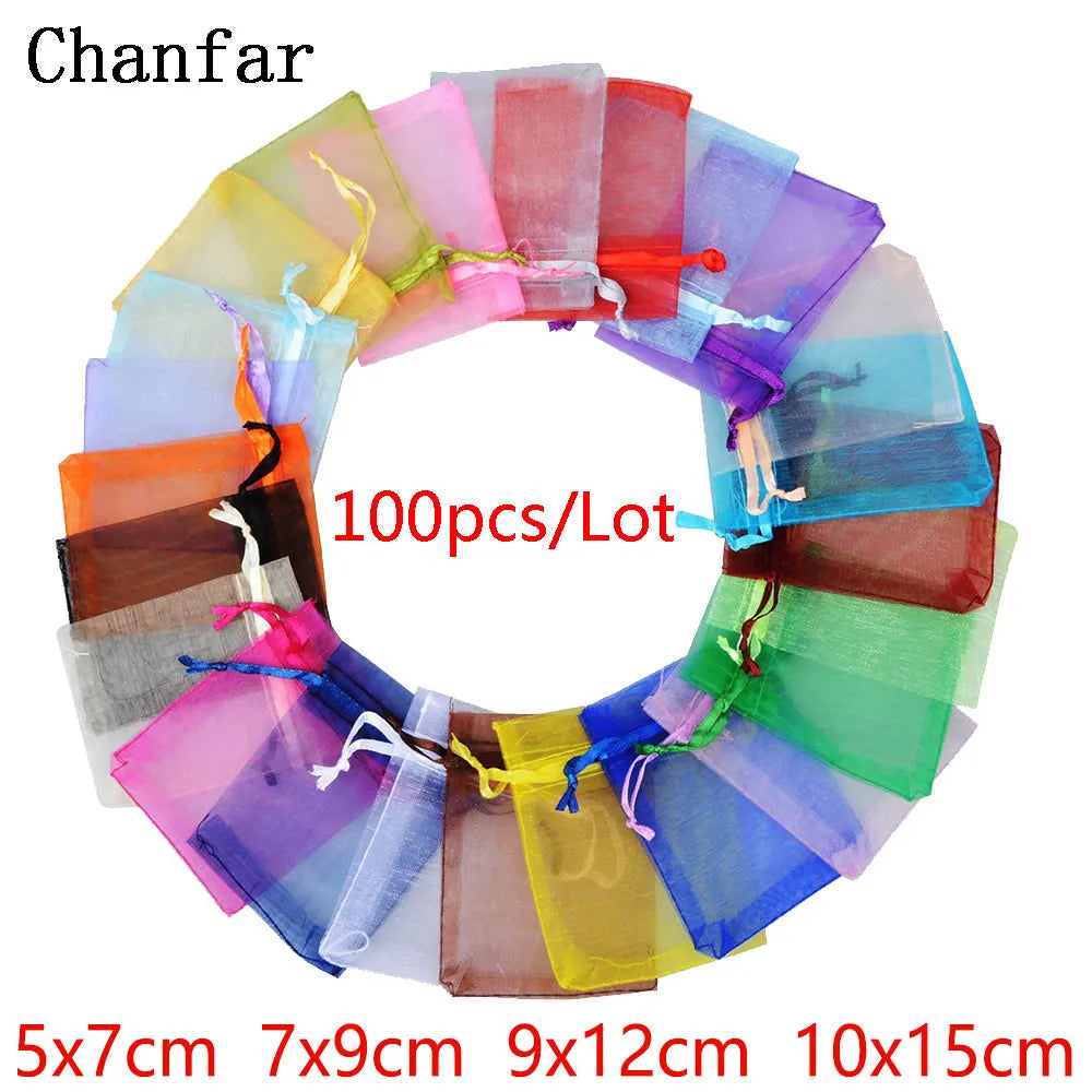 100pcs 24 Colors Jewelry Packaging Bag 5*7 7*9 9*12 10*15cm Organza Bags Gift Storage Wedding Drawstring Pouches Wholesales