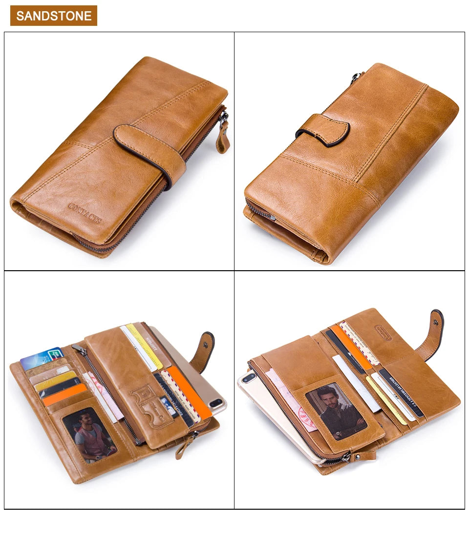 Contact's New Genuine Leather Wallet Fashion Coin Purse For Ladies Women Long Clutch Wallets With Cell Phone Bags Card Holder