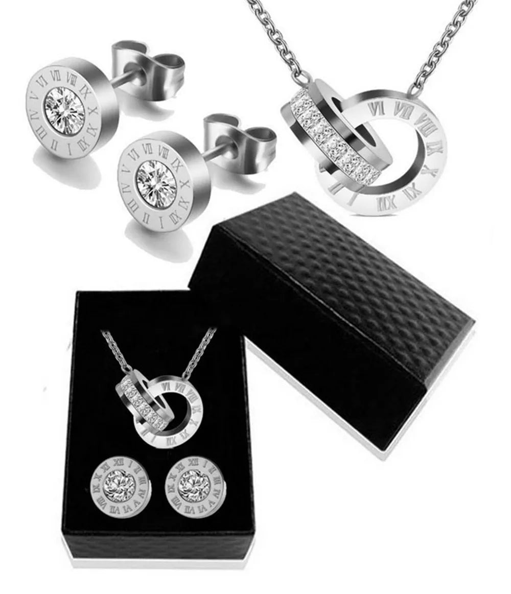 Luxury Roman Numeral Necklace Earring Bracelet For Women Party 316L Stainless Steel Jewelry Set Gift Box