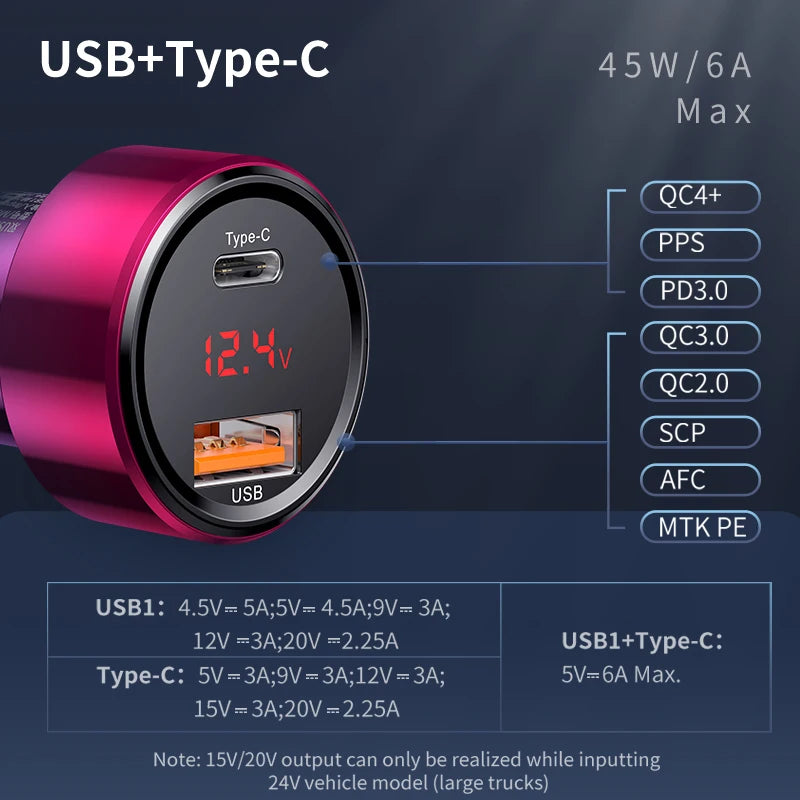 شاحن سيارة Baseus 45 وات QC 4.0 3.0 لهاتف Xiaomi Huawei Supercharge SCP Samsung AFC Quick Charge Fast PD USB C شحن الهاتف المحمول