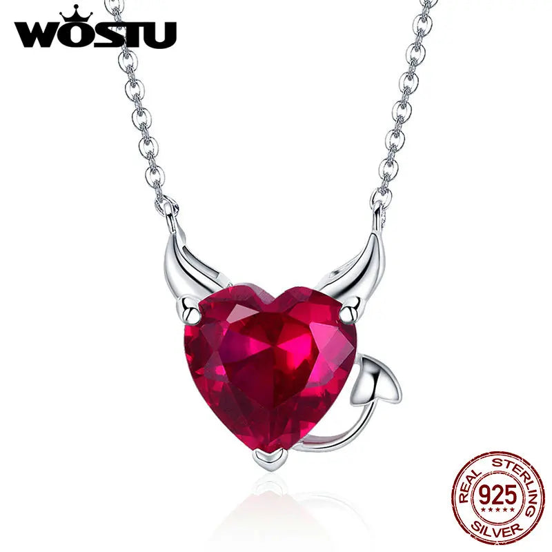 WOSTU Authentic 925 Sterling Silver Angel&Demon Red CZ Pendant Necklaces For Girl Women Luxury Fashion Jewelry Party Gift CQN285