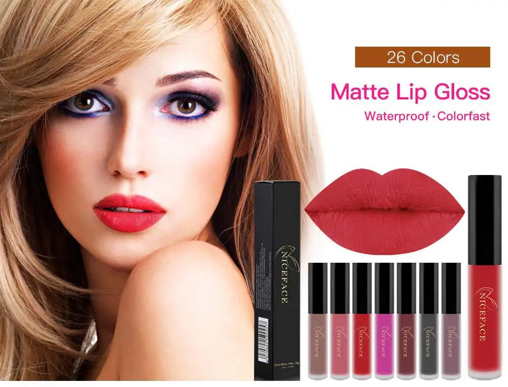 NICEFACE Lip Gloss 26 Colors Nude Matte Liquid Lipstick Mate Waterproof Long Lasting Moisturizing Lipgloss Lip Makeup Cosmetics