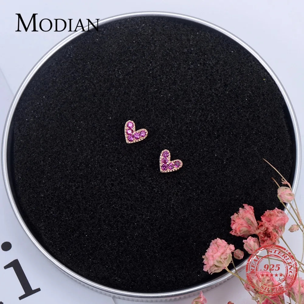 Modian Genuine 925 Sterling Silver Hearts Fashion Rose Gold Color Pink CZ Simple Stud Earrings For Women Sterling Silver Jewelry