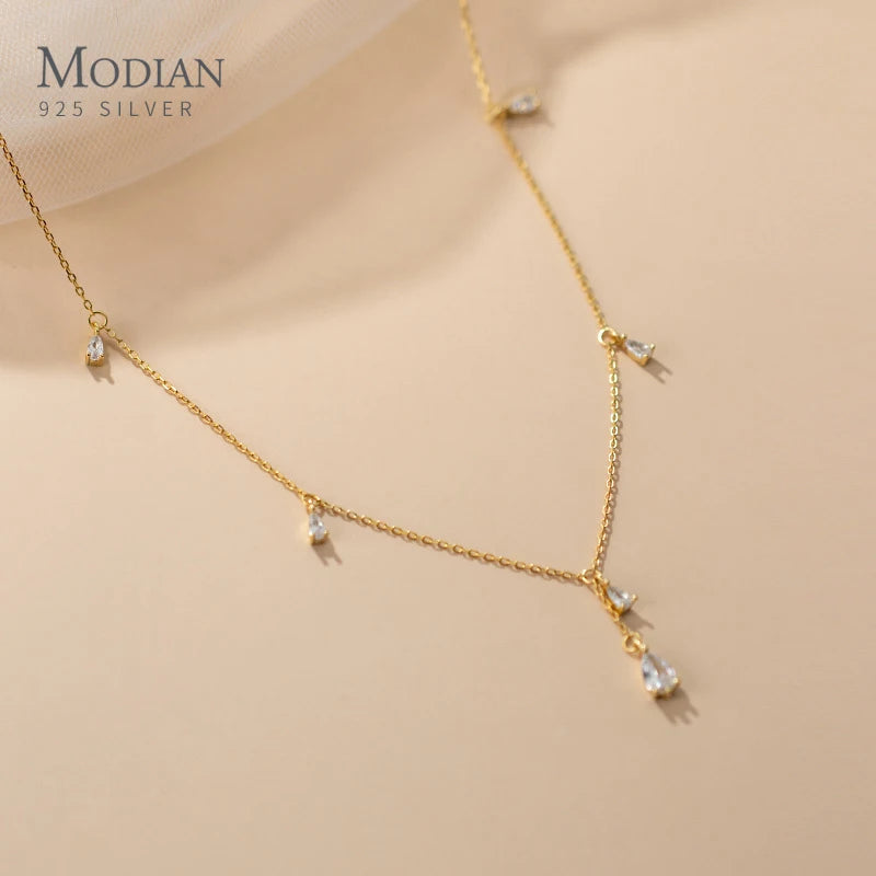 MODIAN 925 Sterling Silver Twinkling CZ Water Drop Necklace Chain for Women Gold Color Link Wedding Statement Fine Jewelry Gifts