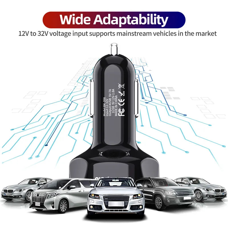 USLION 4 Ports USB Car Charge 48W Quick 7A Mini Fast Charging For iPhone 15 14 Xiaomi Huawei Mobile Phone Charger Adapter in Car