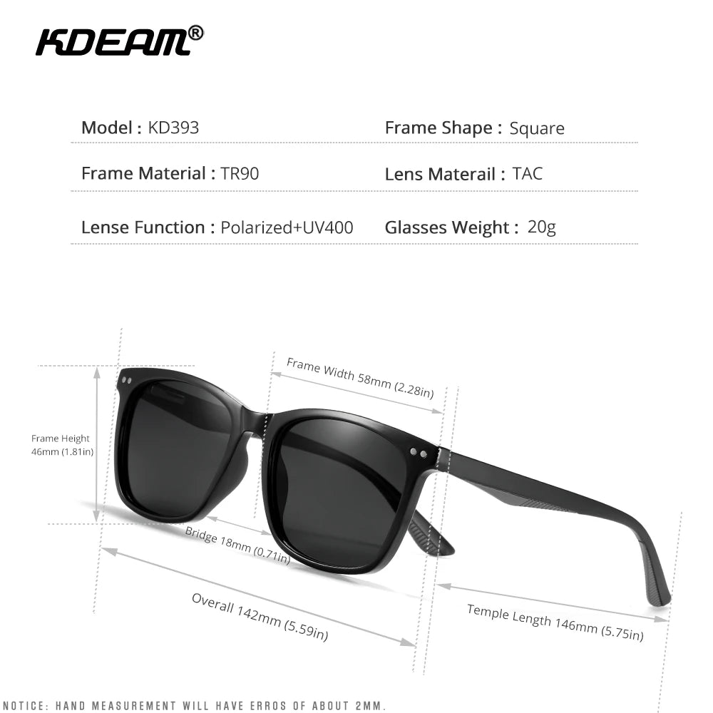 KDEAM Men's Square Sunglasses Polarized Lens TR90 Material Frame Spring Stainless Steel Hinges Fishing Sun Glasses KD393