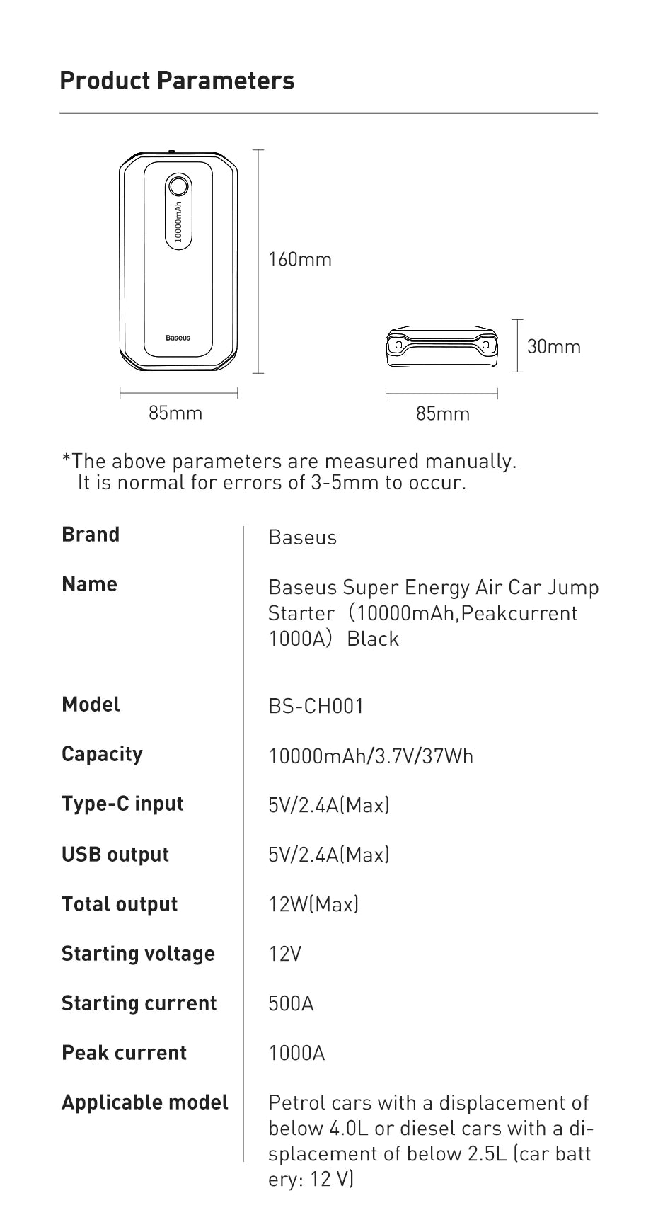 Baseus Car Jump Starter Starting Device 1000A Jumpstarter Auto Buster Emergency Booster 12V Car Jump Start Power Bank 10000mAh