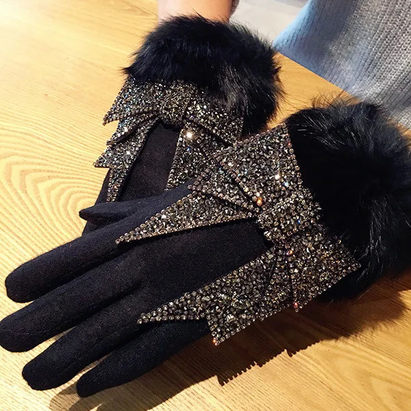 Luxury Winter Women Gloves Thick Plush Wool Black Gloves for Women Pearl Flower Bowknot Mittens for Elegant Lady Gift for Mom