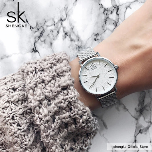 ساعات يد نسائية فاخرة من SK Super Slim Silver Mesh Stainless Steel من أفضل العلامات التجارية ساعة يد نسائية كاجوال Relogio Feminino